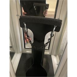 Roadside Relics Fender Custom Shop guitar display case, modelled as an American petrol pump, with a circular two-tone Fender logo light upon the pillar box red cabinet, three sides with glazed panels and chrome detailing, one etched with Fender logo, the interior with removable guitar stand, height including light 184cm