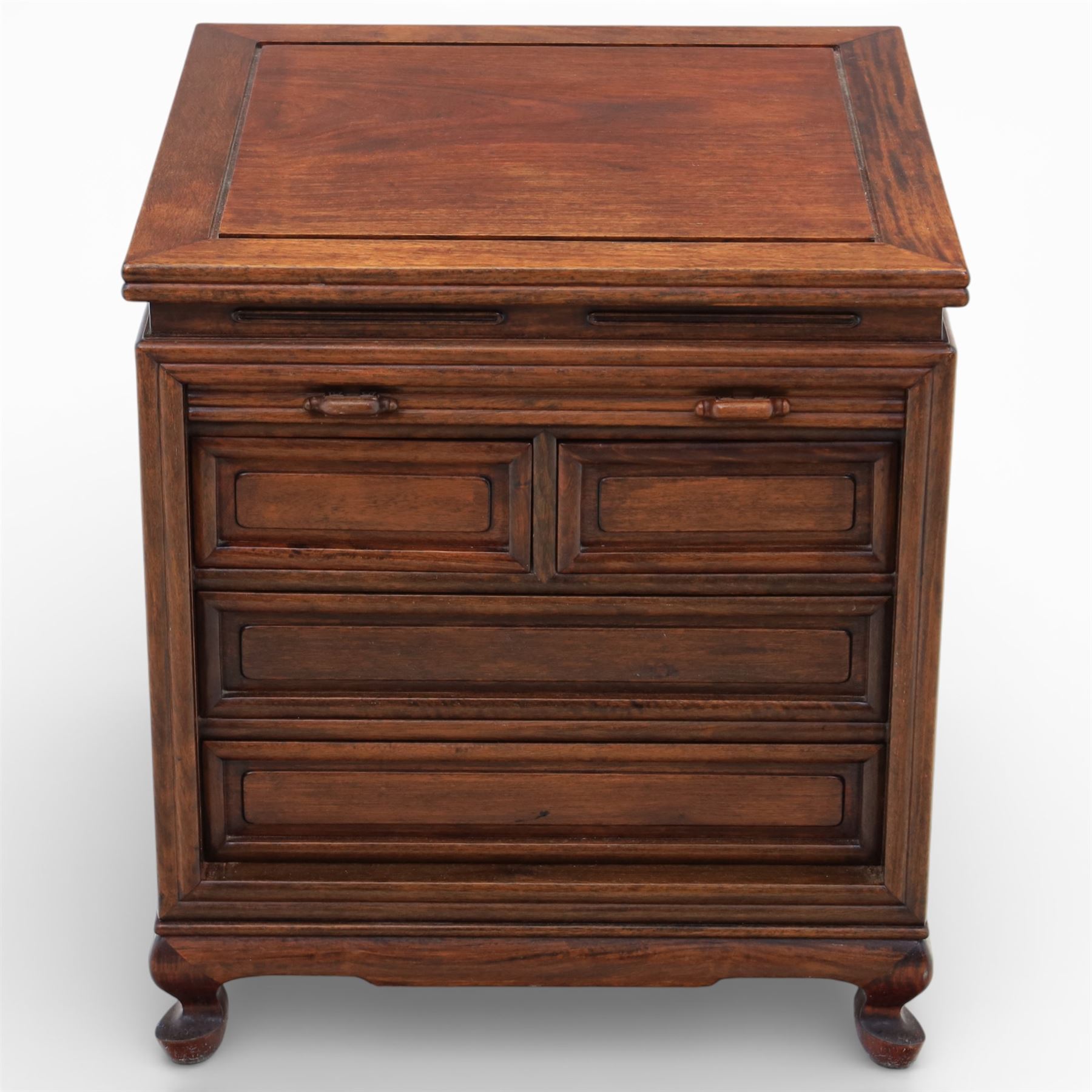 Early 20th century Chinese hardwood filing cabinet, moulded rectangular top over a tambour shutter front with twin recessed handles enclosing an arrangement of graduated drawers, raised on short cabriole legs with shaped apron