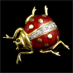  Diamond and red enamel 18ct gold ladybird brooch, stamped 750  