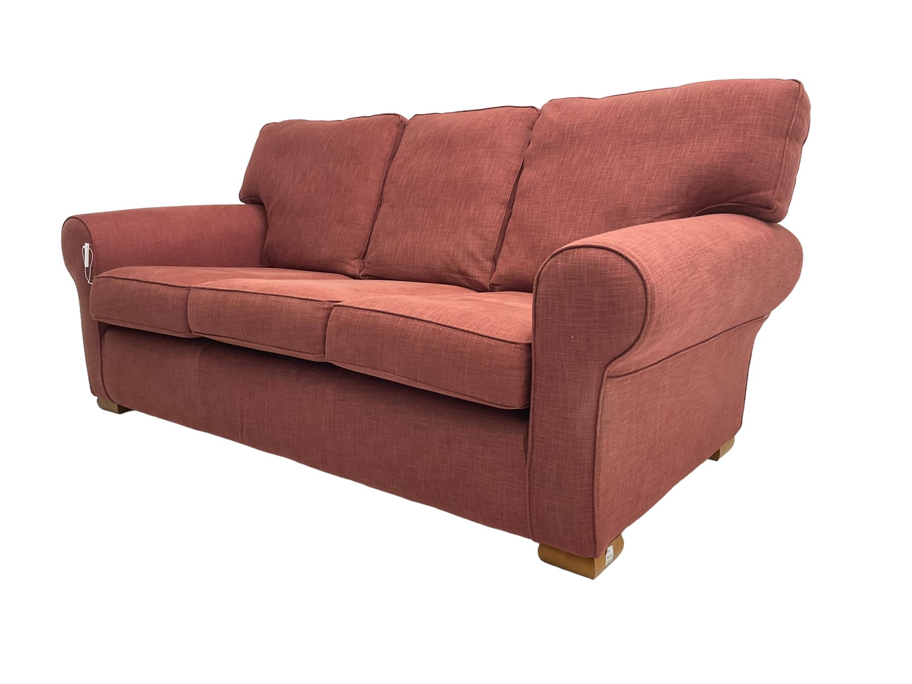 Multiyork - traditional three seat sofa upholstered in claret red fabric (W200cm H80cm); and pair matching armchairs (W103cm) 