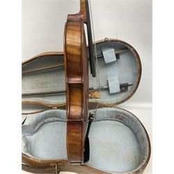 Mid-19th century German violin with 36cm two-piece maple back and ribs and spruce top, bears label 'Riccardo Antoniazzi Cremonese fece in Milano l'anno 1896' L59.5cm overall; in walnut case with two part bows