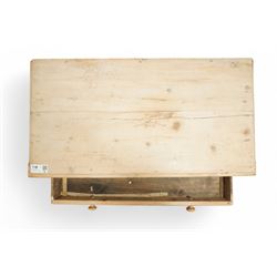 Victorian stripped pine narrow wash stand, fitted with single drawer, on turned supports (W50cm, H88cm, D52cm); together with a Victorian pine wash stand or side table (W89cm, H75cm, D46cm)