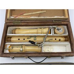 Schott Prelude four-piece bass recorder with nickel crook and mounts L95cm, in scratch-built carrying case