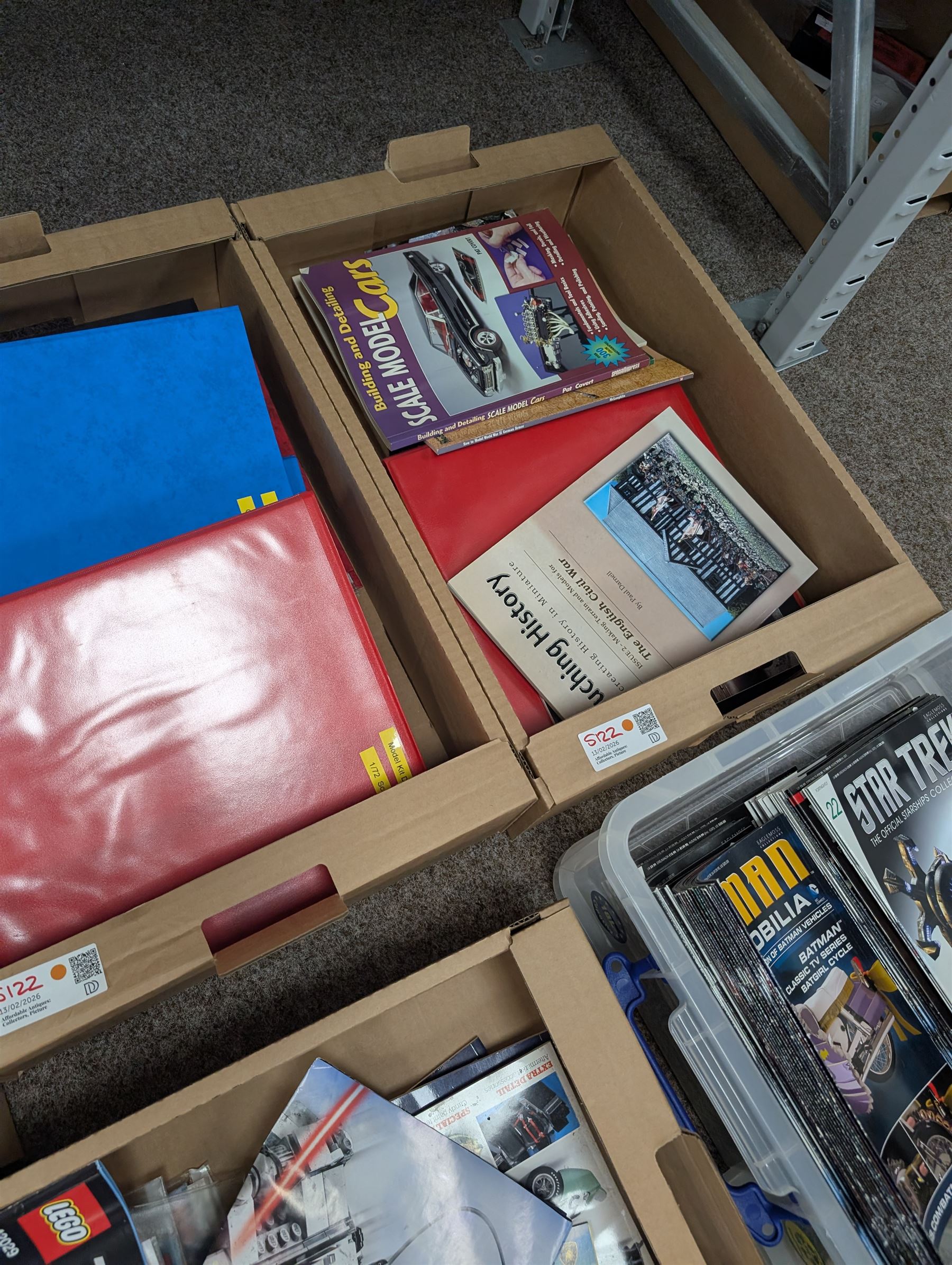 Large collection of books and reference material relating to scale modelling, together with Eaglemoss Star Trek magazines, Batman Automobila magazines, Lego manuals, in seven boxes