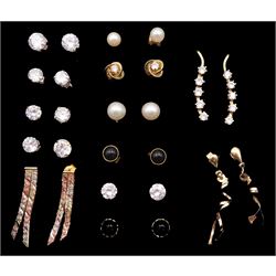 Nine pairs of 9ct gold earrings including pearl and cubic zirconia, pair of 18ct gold circular black onyx earrings and other pairs of earrings