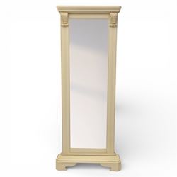 Contemporary French design white painted bedroom suite retailed by Barkers of Northallerton, comprising wide chest fitted with four short and four long drawers with oval brass handles (H 70cm, W 159cm, D 46cm), pair of bedside chests each fitted with three drawers (H 62cm, W 40cm, D 46cm), dressing table fitted with four short drawers and central kneehole with shaped apron (H 79cm, W 131cm, D 46cm) with matching framed wall mounted mirror (H 100cm, W 113cm), and full length standing mirror (H 175cm, W 73cm)