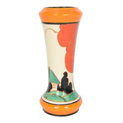 Clarice Cliff Red Autumn vase, shape 187, circa 1930 hand painted with a stylised tree and cottage landscape in red, black and green with orange and black banding, FANTASQUE and Bizarre mark beneath, H22cm