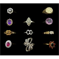 Five 9ct gold stone set rings including garnet, cubic zirconia and diamond chip, five silver rings and a gilt knot ring
