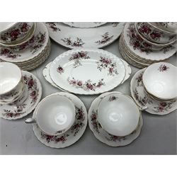 Royal Albert Lavender Rose pattern tea and dinner wares, to include, ten dinner plates, side plates, seven teacups and saucers, two large serving platters, etc