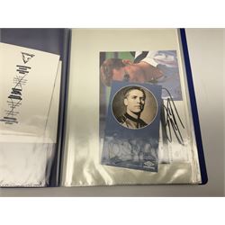 Two folders of over fifty photographs, cards, compliment slips etc of actors, actresses, celebrities, politicians, sports personalities etc, all bearing signatures, including David Frost, Lloyd Grosman, John Suchet, Julia Somerville and othe GMTV presenters, Carol Vorderman, Jackie Collins, Rolf Harris, Timothy Dalton, Pete Postlethwaite, Magnus magnusson, John Major, Kate Moss, Uri Geller, David Beckham, Peter Alliss, Sharon Davies, Kevin Keegan etc