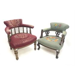 Two late Victorian tub shaped armchairs, upholstered in a patterned fabric