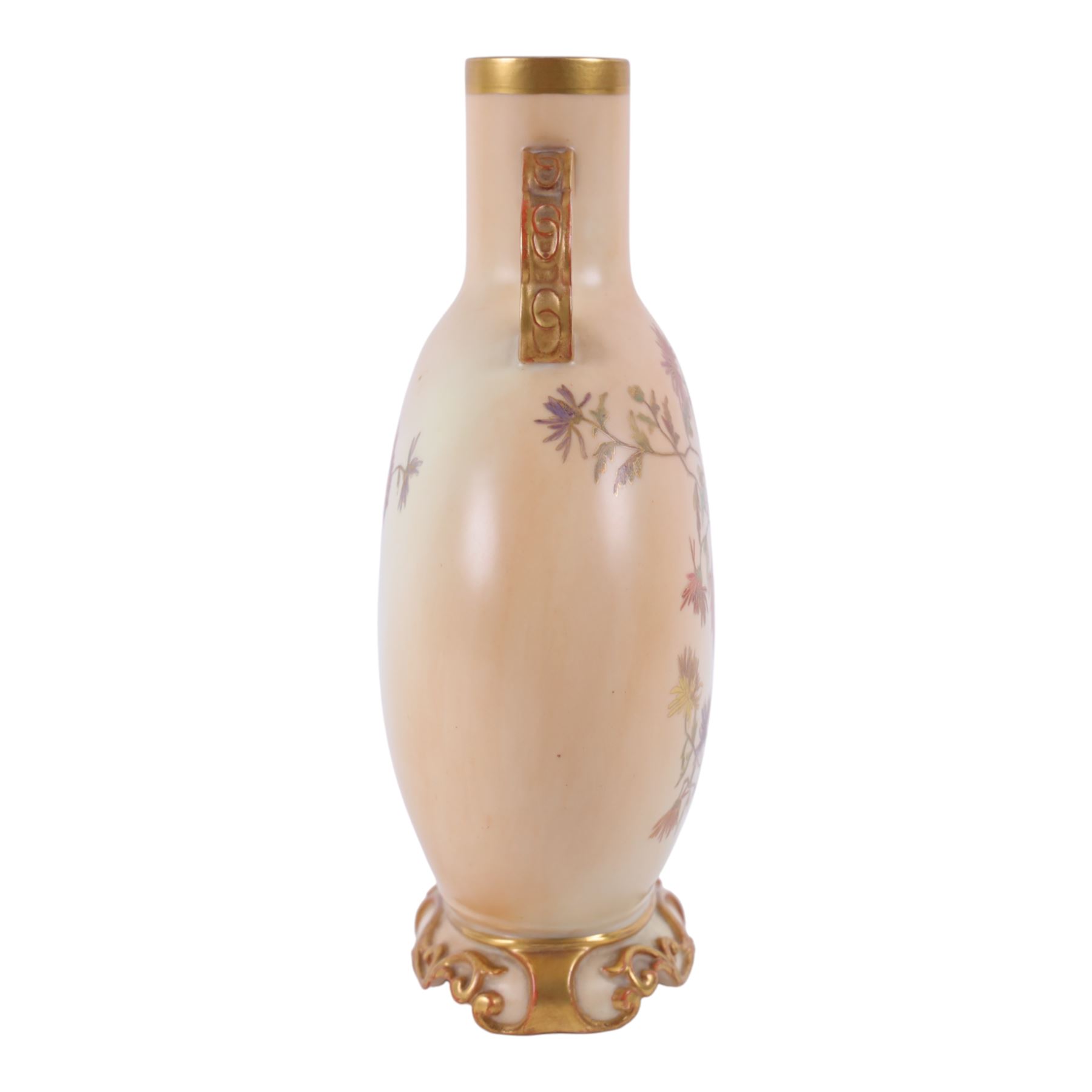 Royal Worcester Blush Ivory Moon Flask, decorated with floral sprigs, with gilt handles, puce mark beneath, H22cm