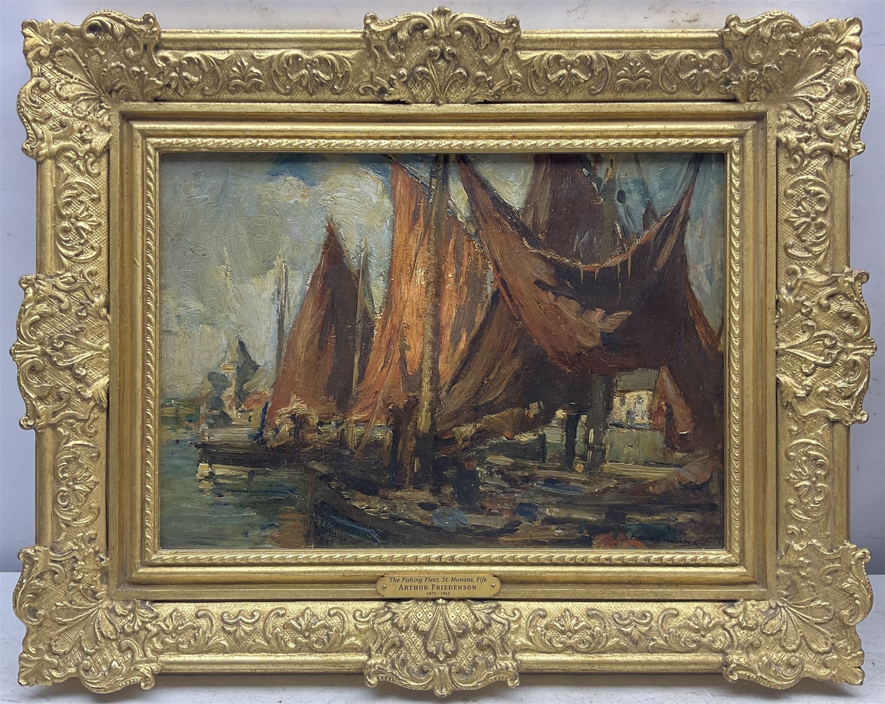 Arthur A Friedenson (Staithes Group 1872-1955): 'In the Harbour - St Monans Fife', oil on panel signed, titled verso 24cm x 34cm