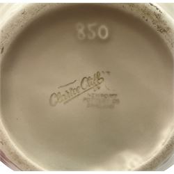 Clarice Cliff baluster jug moulded with a blue budgerigar perched upon branch with green rustic handle and mushroom glaze,  factory stamped beneath, H22.5cm