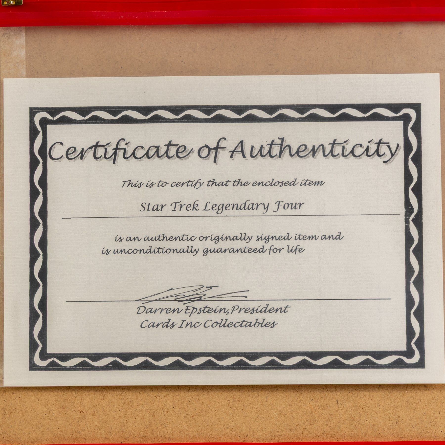 Limited edition Star Wars print 'The Voyage Begins' by Stewart Robinson numbered 516/1701, framed above three signed photographs of William Shatner as Captain James T. Kirk, Leonard Nimoy as Mr Spock and The Star Trek Legendary Four, all with certificates of authenticity verso, frame H109cm, W90cm
