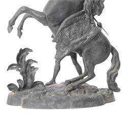 Three spelter Marley Horse figures, after Guillaume Coustou, each modelled as a rearing horse restrained by  groom, tallest H41cm