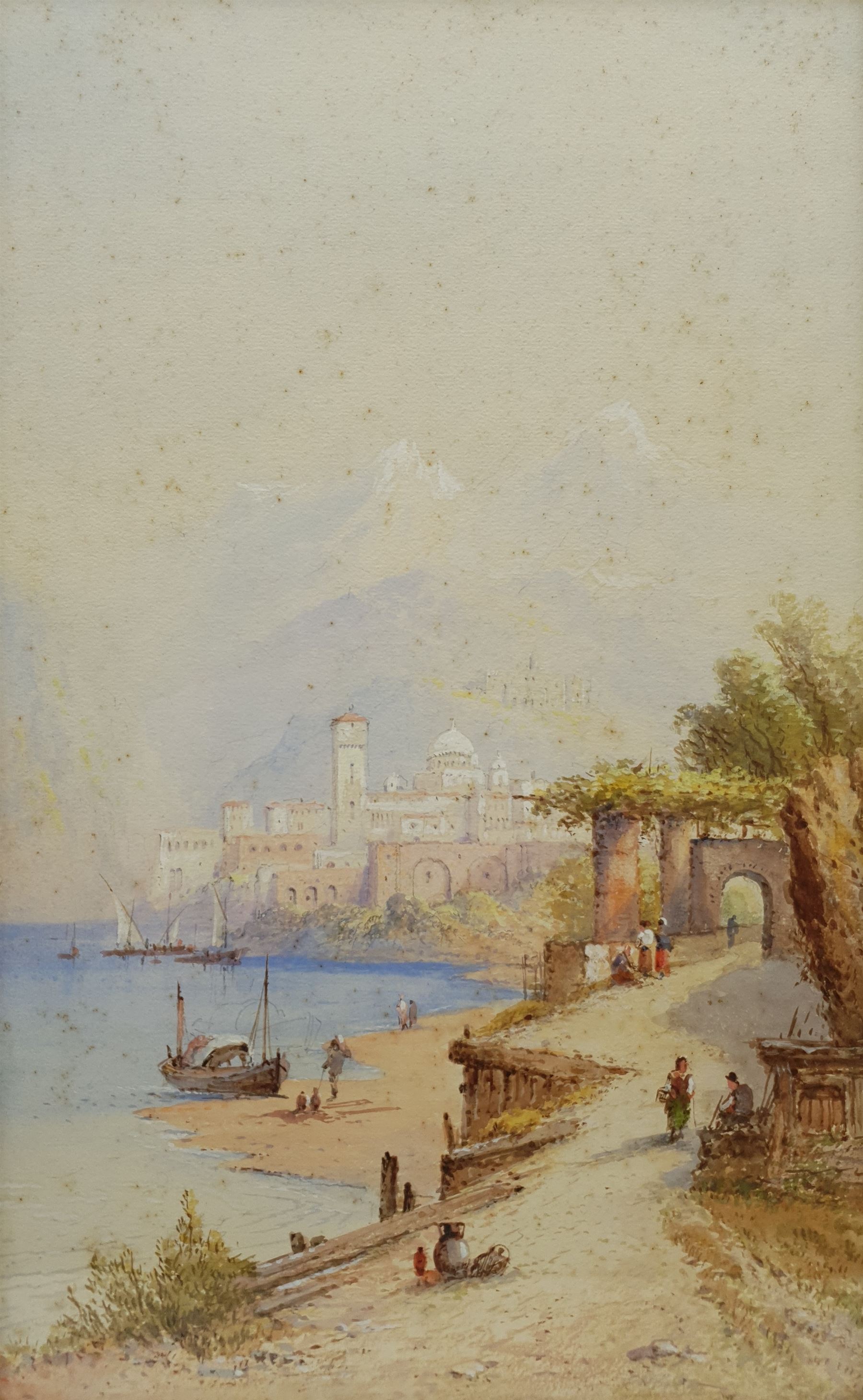 Edwin St John (British 1878-1961): Mediterranean Fortress on the Lakeside, watercolour signed 47cm x 29cm