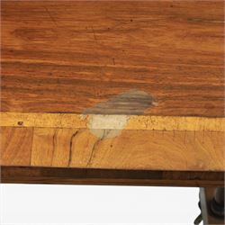 Victorian rosewood and beech stretcher table, rectangular walnut banded top, four turned legs and stretcher, raised on brass castors