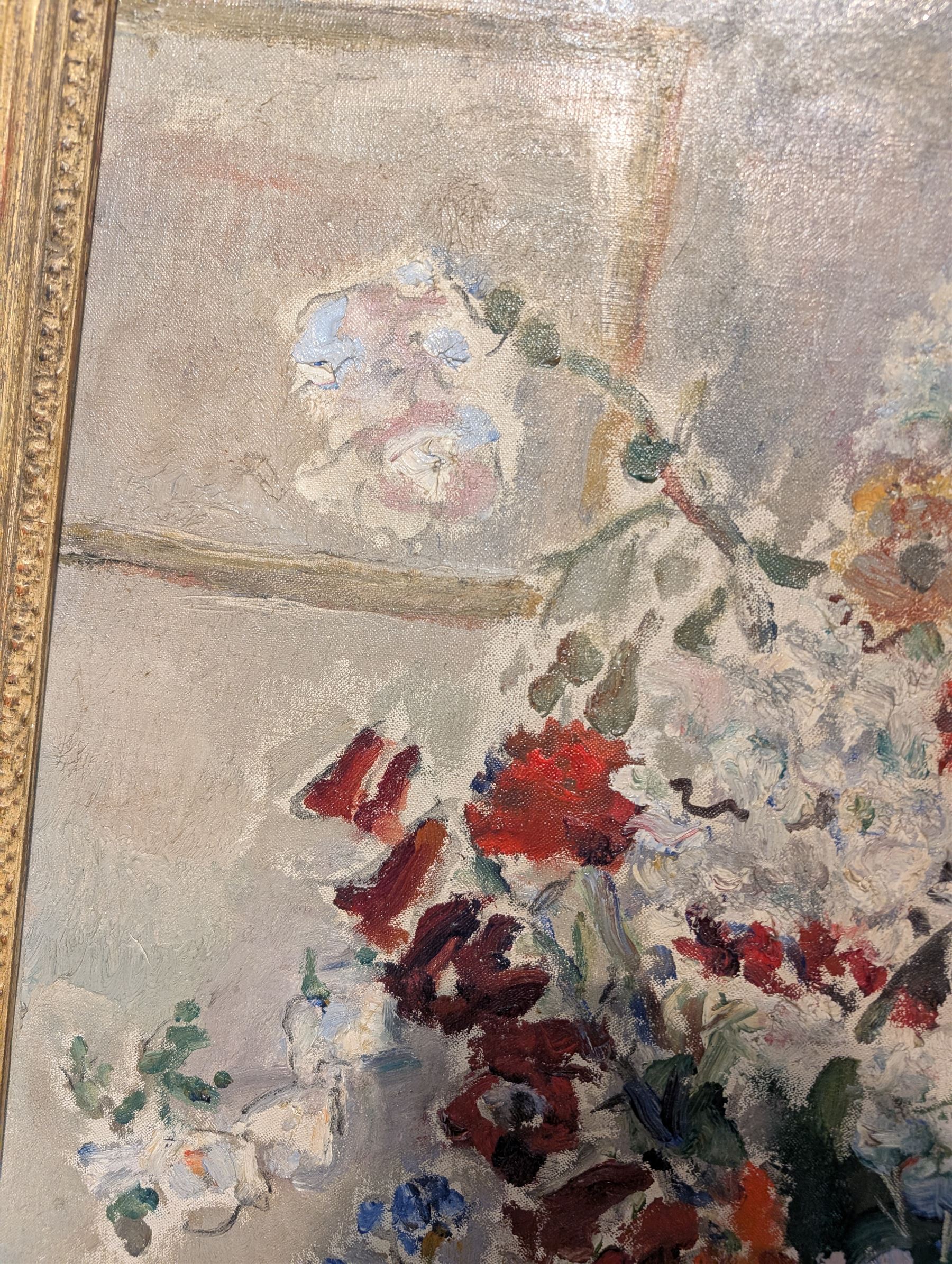 Attrib. Dame Ethel Walker DBE ARA (British 1861-1951): 'Mixed Bouquet', oil on canvas unsigned, titled verso with various exhibition labels 75cm x 62cm