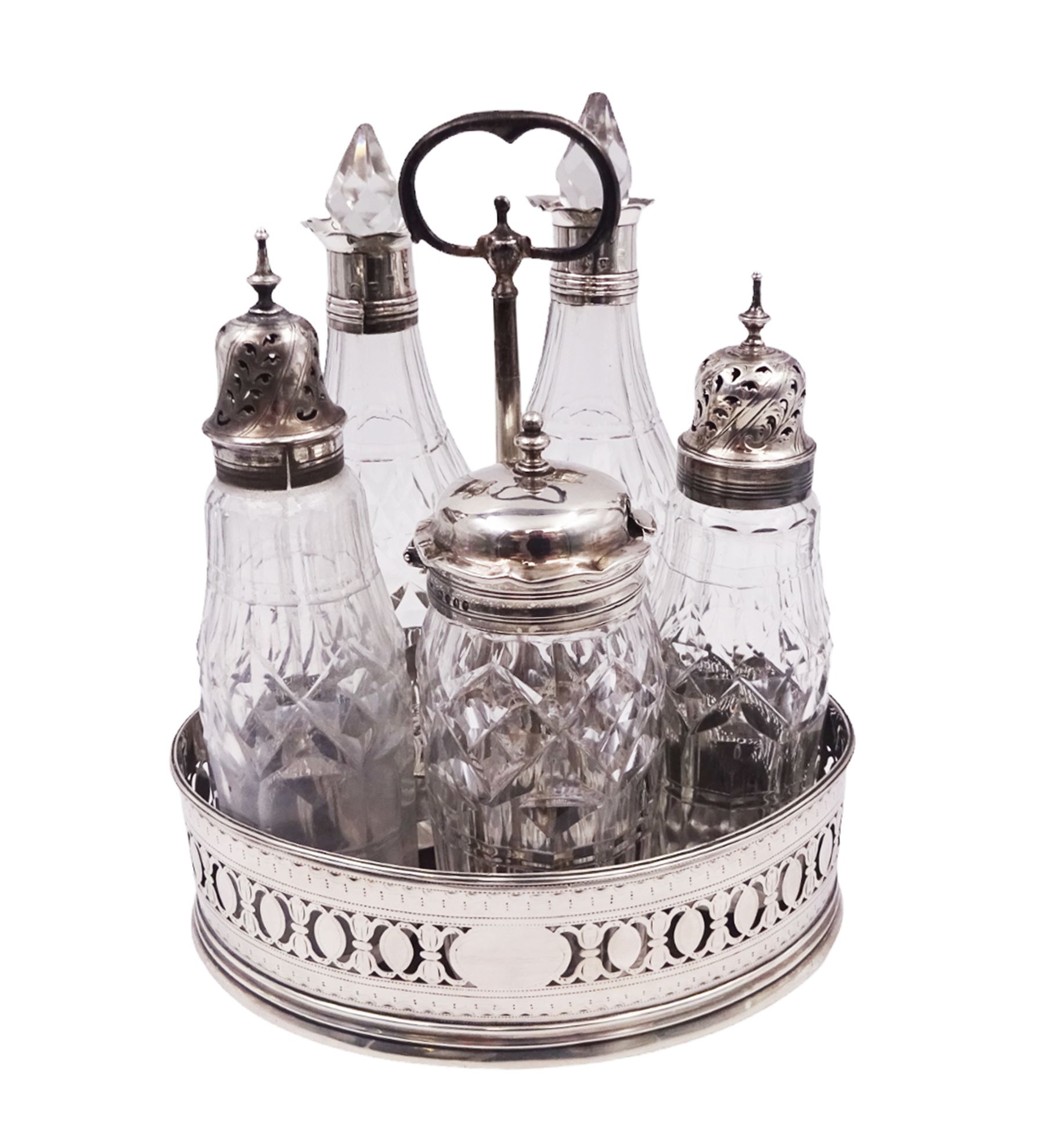 Late 18th century silver cruet stand, of oval form, with pierced sides upon four bun feet, hallmarked to handle Hester Bateman, all other hallmarks indistinct, together with five matched silver mounted cut glass cruet bottles, including some later Victorian examples, hallmarks predominantly indistinct, stand H20cm