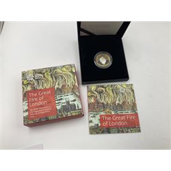 Three The Royal Mint United Kingdom silver proof coins, comprising 2016 'The 350th Anniversary of The Great Fire of London' two pounds, 2018 'The 65th Anniversary of the Coronation of Her Majesty The Queen' five pounds, 2018 '100th Anniversary of The First World War Armistice' two pounds, all cased with certificates