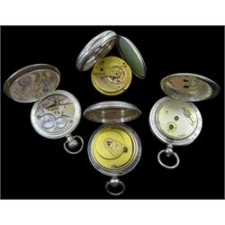 Silver full hunter keyless lever pocket watch, case by Dennison hallmarked, Edwardian key would fusee lever pocket watch, with diamond endstone, the dial signed Wickes, one other silver fussee lever and a silver cylinder pocket watch (4)