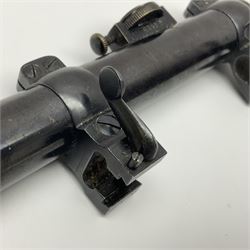 Oigee Berlin Gnomet 2.5x telescopic sight with adjustable quick detachable mounts and picket post graticule; retailers marks for Alex Henry & Co 22 Frederick Street Edinburgh No.6733 L23cm