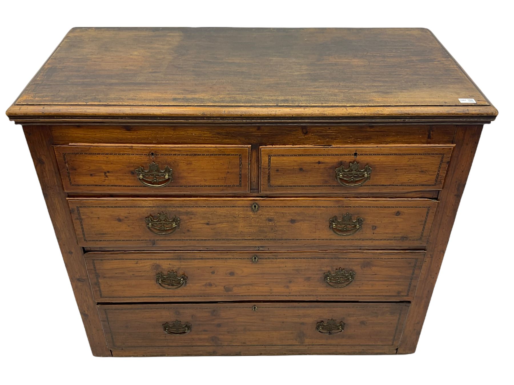 Georgian elm and pine chest, fitted with two short and three long drawers, chequered drawer bandings