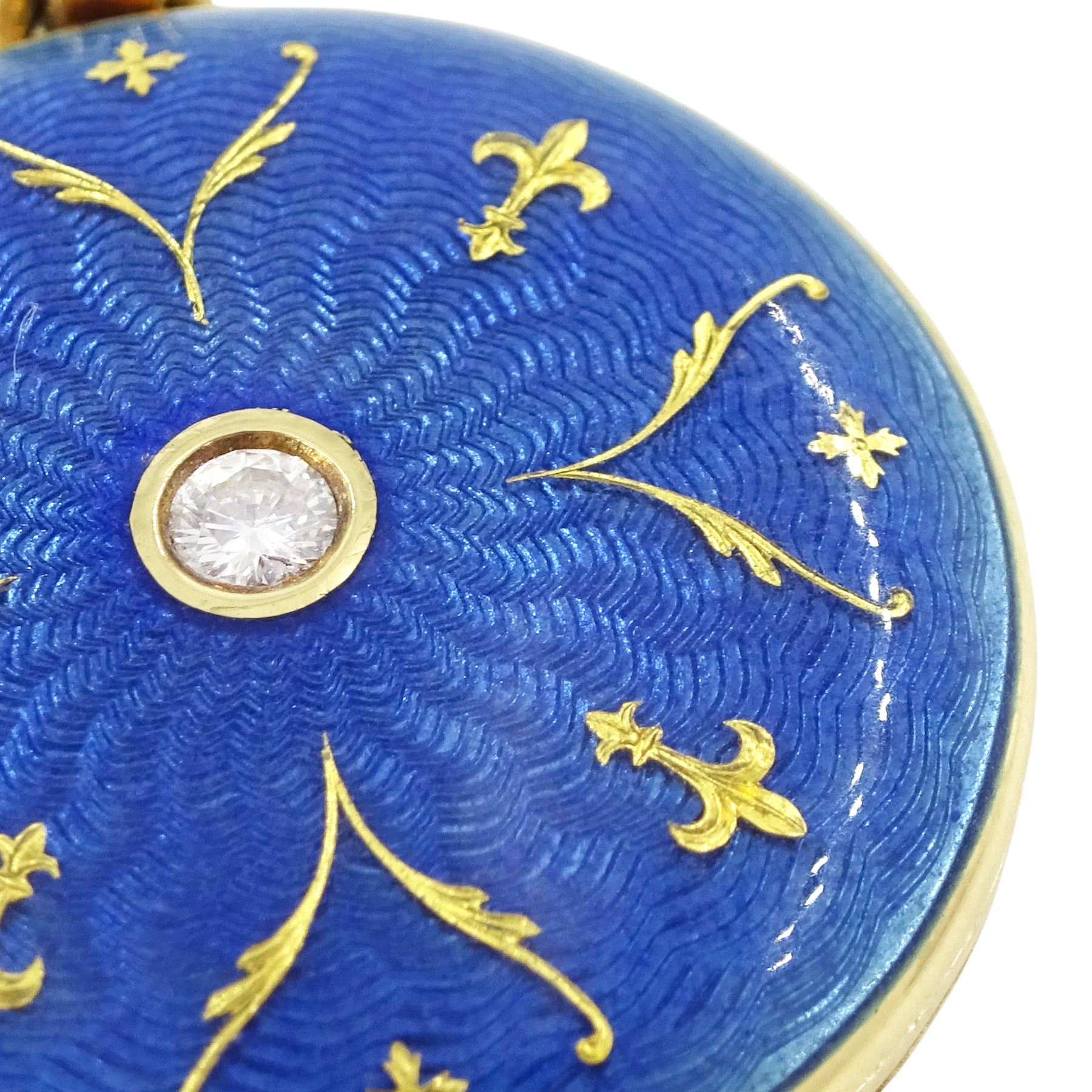 Victor Mayer for Fabergé 18ct gold pendant, guilloche blue enamel circular locket set with a single round brilliant, with a diamond set bail, stamped 750, boxed with certificate