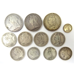  Collection of Great British Queen Victoria silver coinage sixpence 1887, florin 1872, 1887 and 1901, half crown 1891, 1892, 1898, 1900 and 1901, crown 1891 1896 and 1899 (12)  