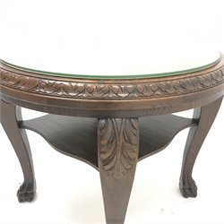 Georgian style walnut and oak occasional table, acanthus carved cabriole legs with hairy paw feet, D84cm, H65cm