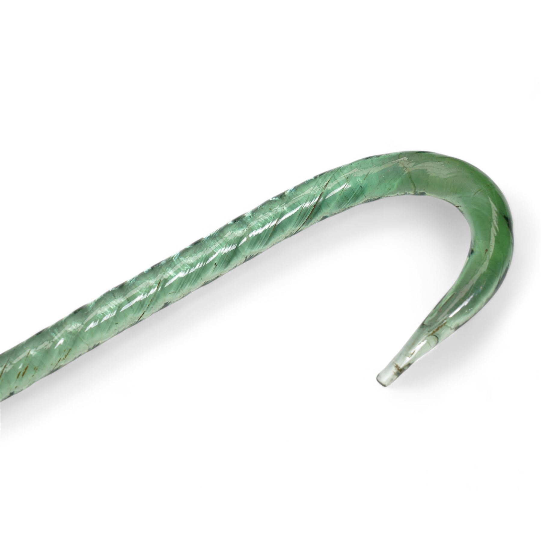 Five glass walking canes, including a Victorian cane with red helix twist pattern, shepherds crook, with barley twist decoration, amber glass and two others, max L155cm approx 