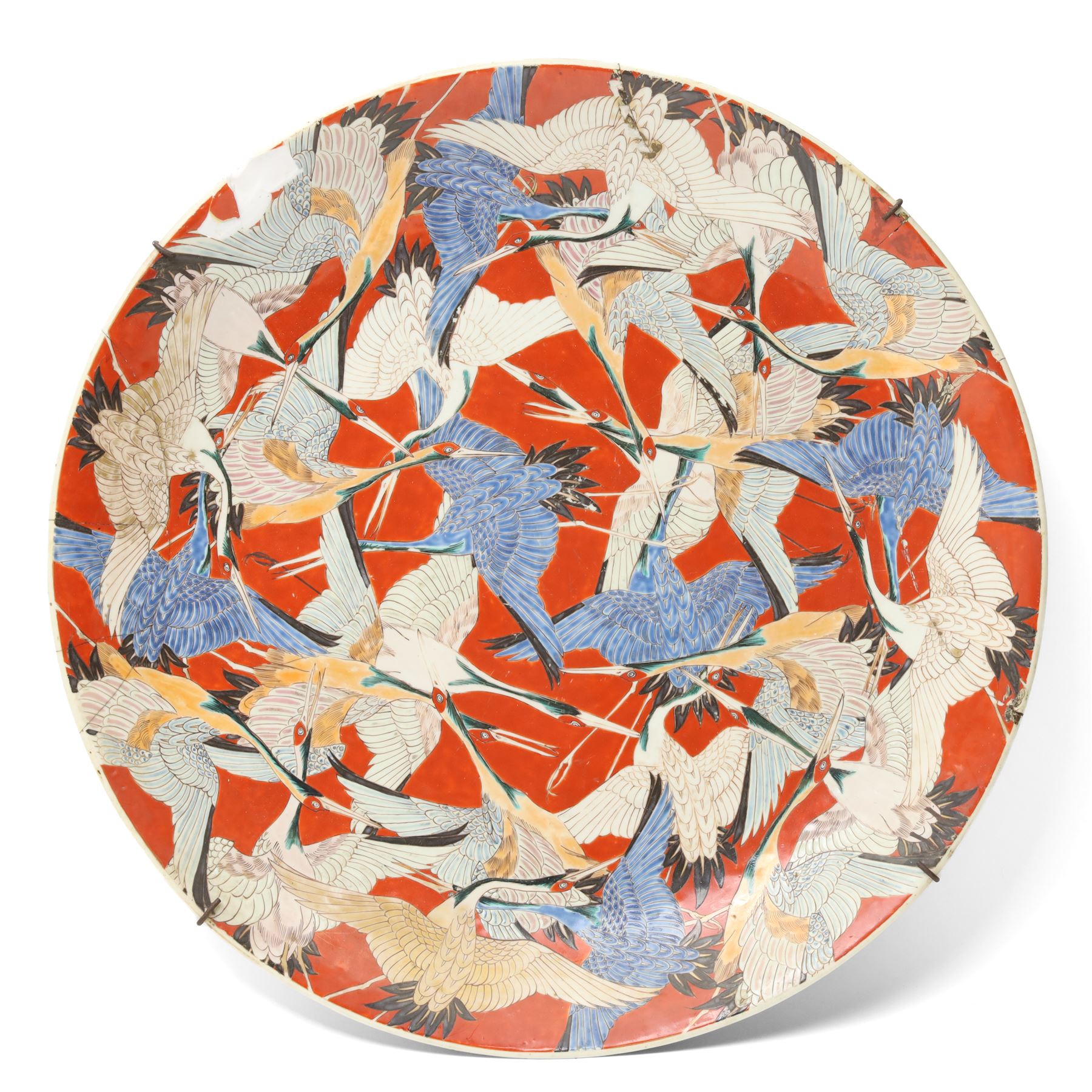 Large Japanese charger profusely decorated with cranes, six character mark in underglaze blue to base, D60cm 