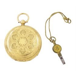 Victorian 18ct gold open face fusee lever pocket watch by T G Tate, Winterton, No. 9082, gilt dial with Roman numeral hour markers, case with engraved foliate decoration, London 1882