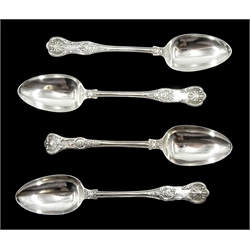 Set of four matched Victorian silver spoons, Queens Pattern by The Portland Co and Thomas Smily, approx 13.2oz