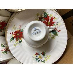 Royal Albert Poinsettia pattern part tea service, including tea cups, mugs, dessert plates, cake plate, together with James Kent plates, Crown Staffordshire Vermouth ceramic decanter label, glassware etc, two boxes 