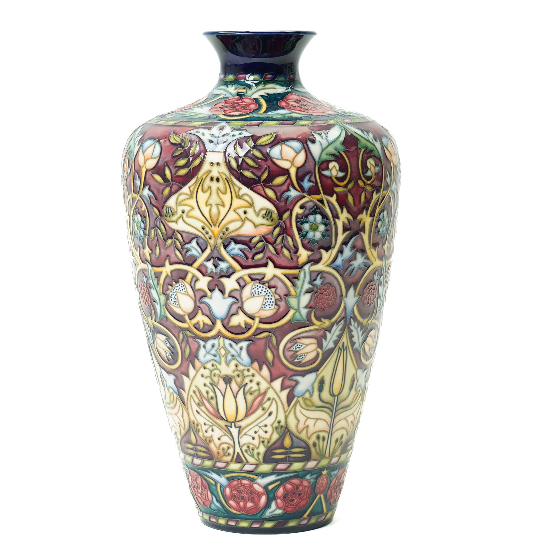 Moorcroft Bullers Wood pattern vase, of tapering form, decorated profusely with flowers, designed by Rachel Bishop, with impressed and painted marks to base, limited edition 87/100, H31cm