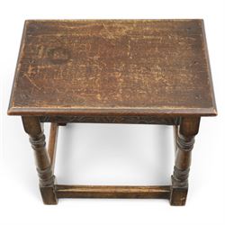 Two 19th century oak joint stools with carved frieze and turned supports