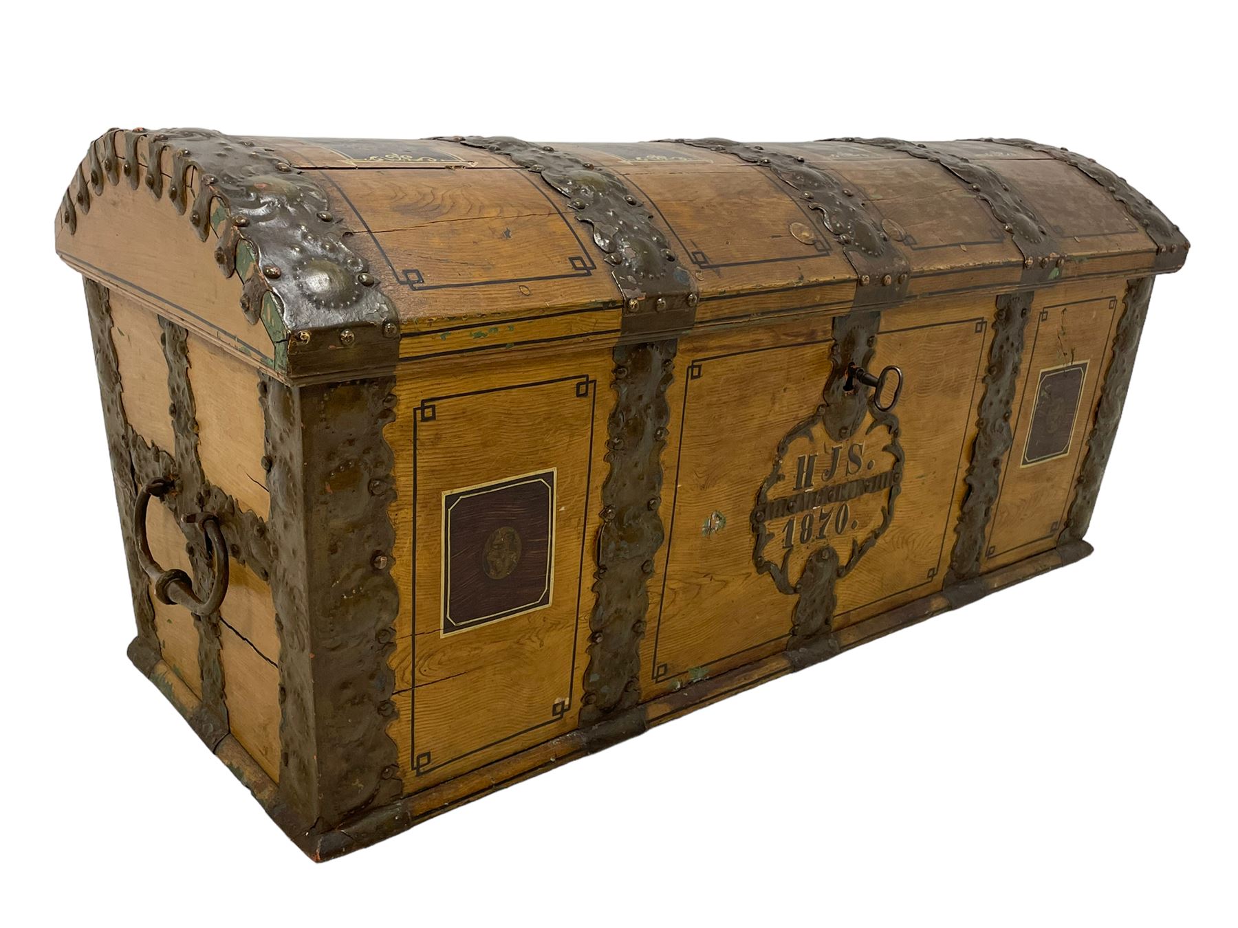 19th century painted oak sea chest, hinged dome top enclosing small compartment, bound by shaped and pressed metal strapwork, scumbled finish to resemble oak and painted with small vignettes depicting portraits and landscapes within panels, fitted with large wrought metal carrying handles, the front inscribed 'H.J.S. 1870' 