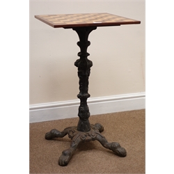  Rosewood and Birdseye maple chessboard on ornate cast iron pedestal with hairy paw feet, W42cm, H72cm, H42cm  