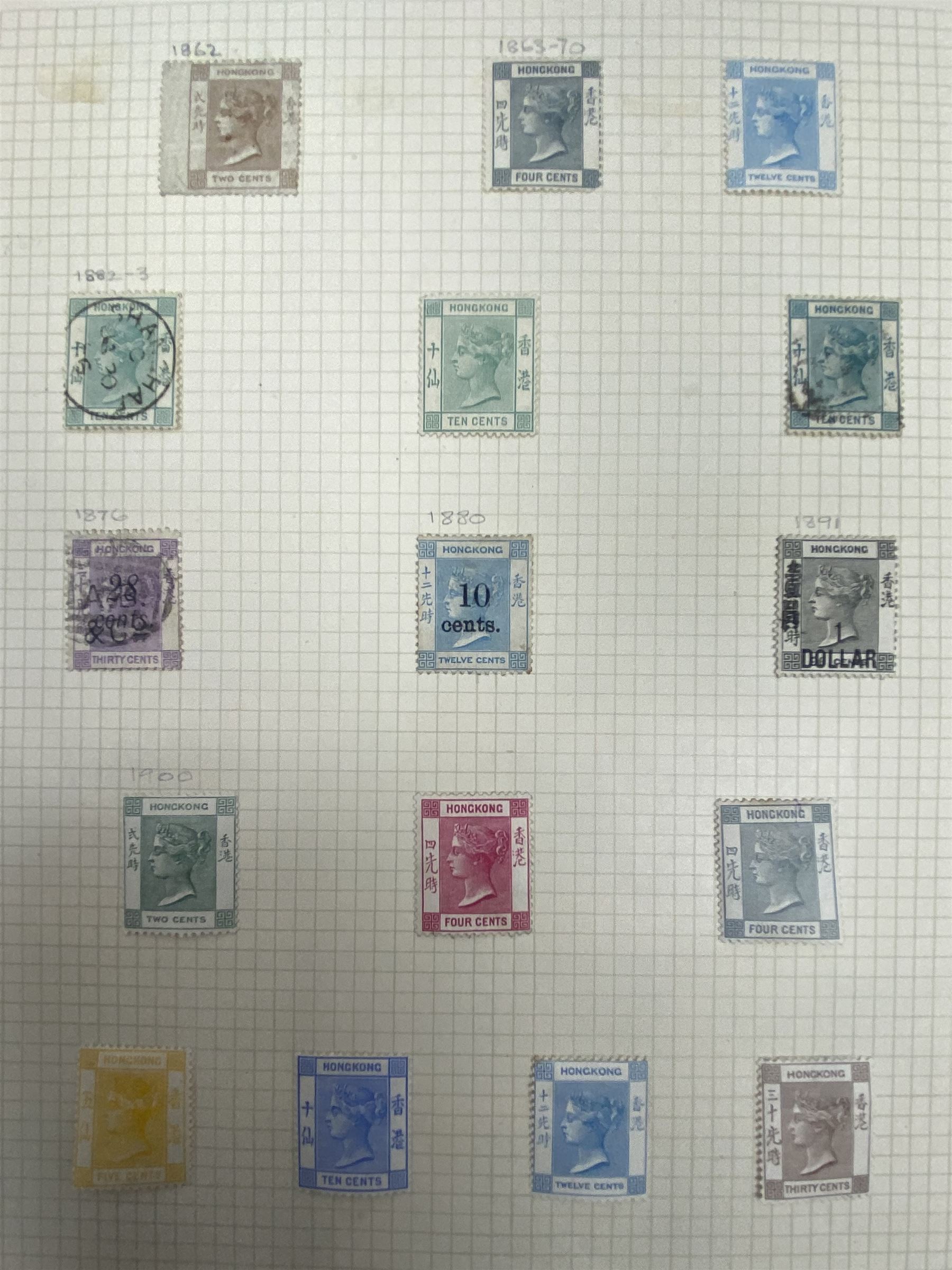 Hong Kong Queen Victoria and later stamps, including 1874-1902 postal fiscal stamps, various King Edward VII issues including one dollars, China overprints etc, housed on pages