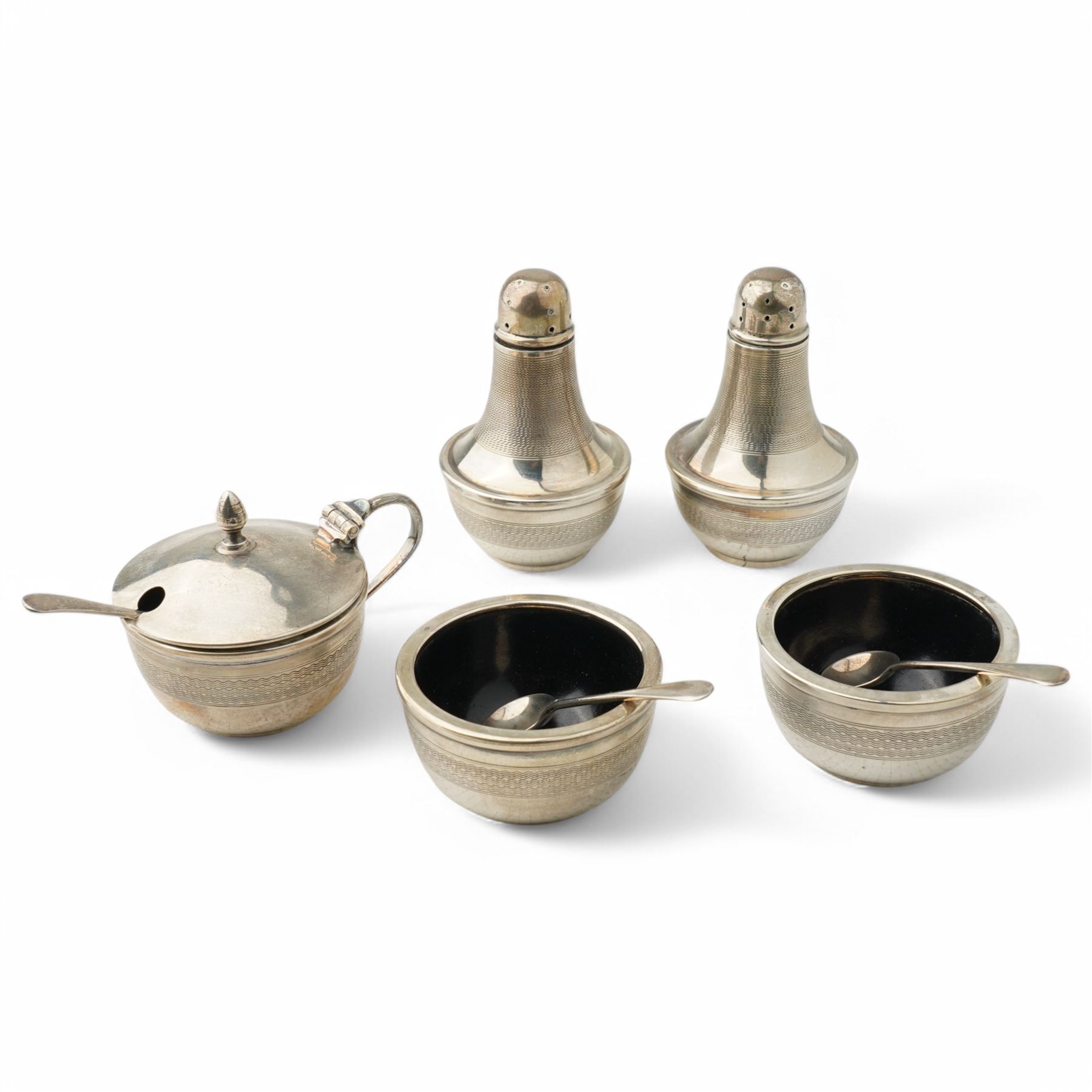 Silver five piece condiment set comprising pair of salts, pair of pepperettes and mustard pot together with three spoons Birmingham 1933 Maker Joseph Gloster Ltd