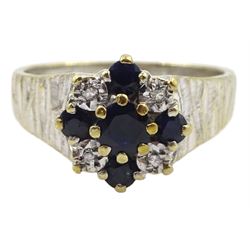 9ct white gold sapphire and diamond cluster ring with textured shoulders, Birmingham 1976