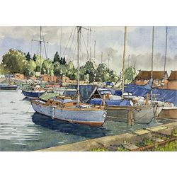 John Reynolds (British 20th century): 'Eling Quay', watercolour and ink signed with initials 25cm x 34cm
