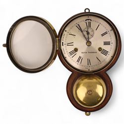 Seth Thomas U.S.A. Ships clock, circa1890, silvered dial with Roman numerals, steel spade hands and subsidiary seconds dial, with a circular alloy drum case mounted on a wooden plaque