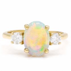 18ct god opal and diamond three stone ring, single oval cabochon cut opal of approx 2.80 c...