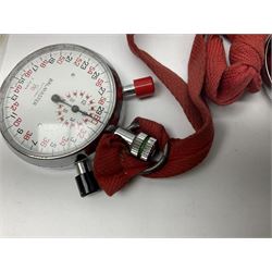 Nero Lemania - Royal Air Force type military stopwatch, outer black register for 60 seconds with 1/5th seconds divisions, inner red register to 100 with 1/10 divisions, subsidiary dial recording to 30 minutes, signed and marked with Broad Arrow, case back engraved '0552/521-3169' Broad Arrow '152/70'; together with a Balmaster Antichoc 1/10 4 Rubis stopwatch (2)