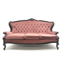 20th century French carved beech framed three seat upholstered sofa and pair matching armchairs (W190cm and W80cm)