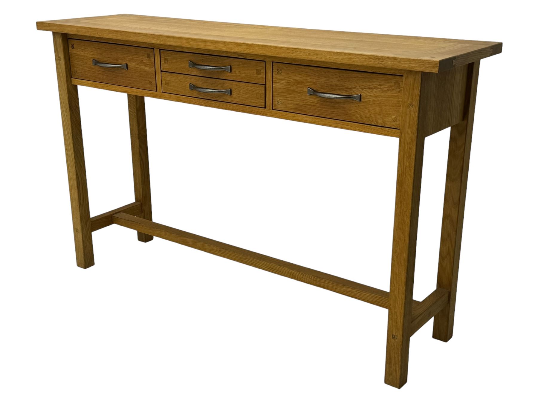 Laura Ashley - contemporary light oak console table, rectangular top over four drawers, on rectangular supports united by stretcher