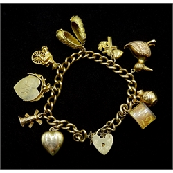 9ct gold curb chain bracelet, with heart locket clasp hallmarked and nine gold charms including duck, money box, pair of clogs, heart 'I Love You' swivel and a figure on a Penny Farthing bike, all 9ct stamped or hallmarked, approx 36.2gm